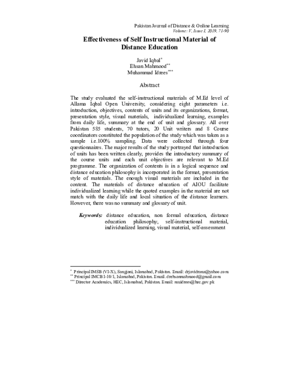 (PDF) Effectiveness of Self Instructional Material of Distance Education