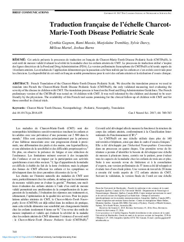 (PDF) Traduction française de l’échelle Charcot-Marie-Tooth Disease ...