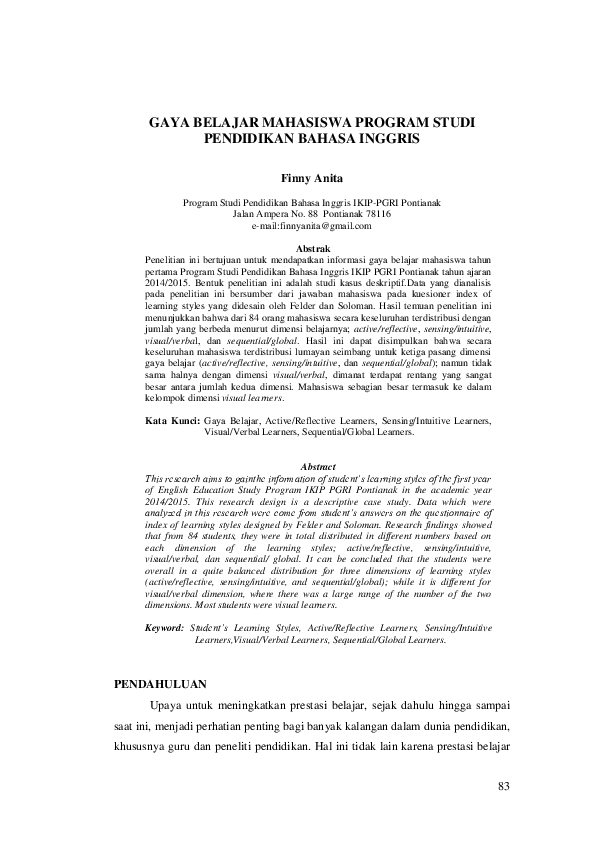 (PDF) Gaya Belajar Mahasiswa Program Studi Pendidikan Bahasa Inggris