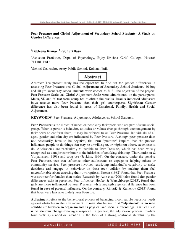 (PDF) Peer Pressure and Global Adjustment of Secondary School Students ...