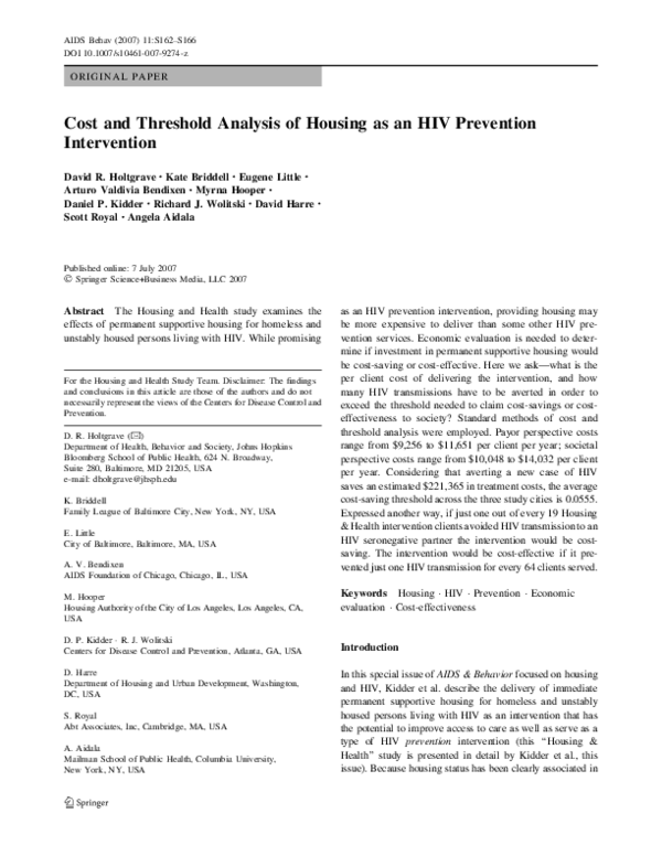 (PDF) Cost and Threshold Analysis of Housing as an HIV Prevention ...