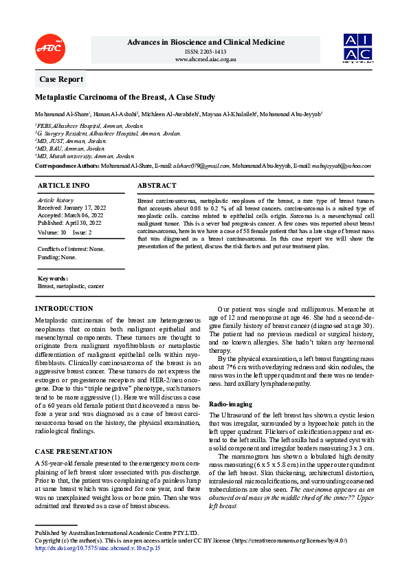 (PDF) Metaplastic Carcinoma of the Breast, A Case Study