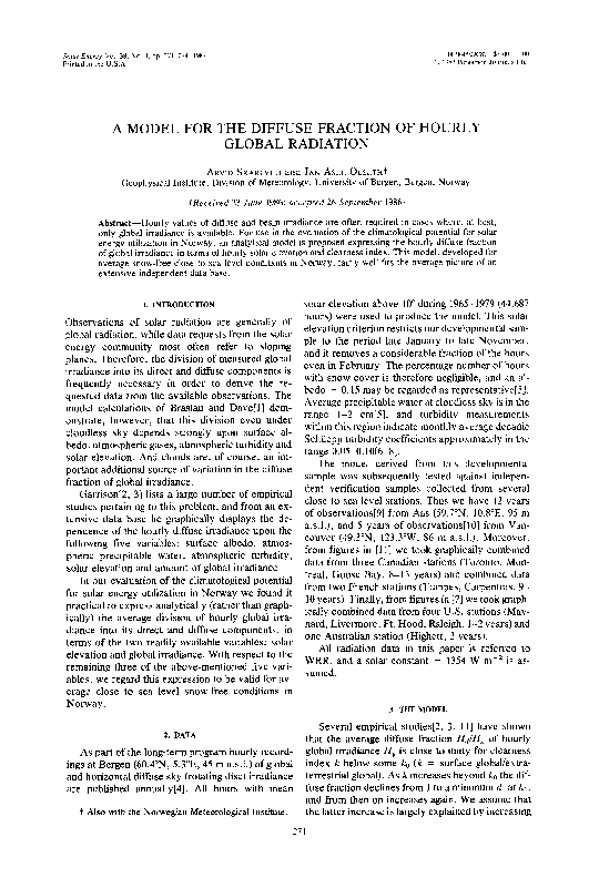(PDF) A model for the diffuse fraction of hourly global radiation