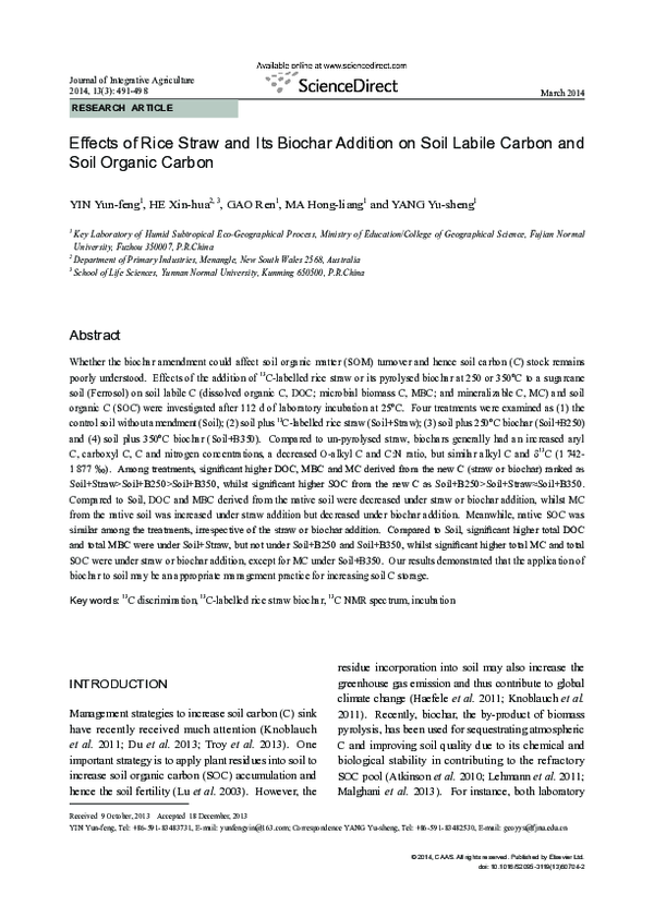 (PDF) Effects of Rice Straw and Its Biochar Addition on Soil Labile ...