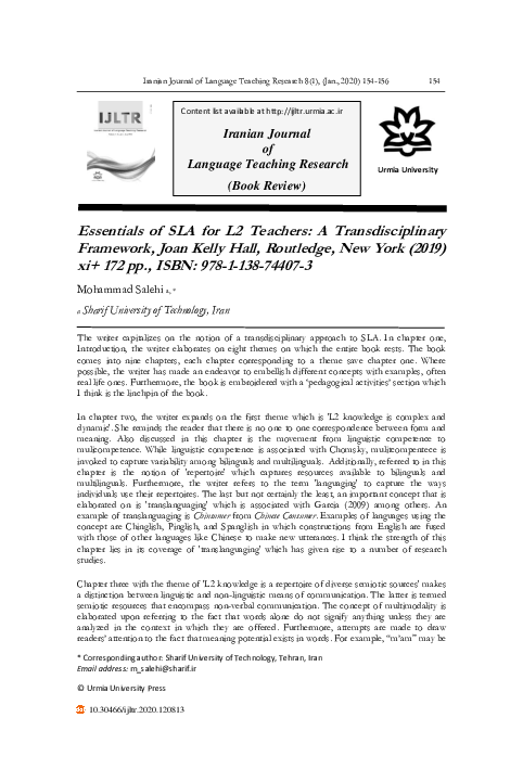 (PDF) Essentials of SLA for L2 Teachers: A Transdisciplinary Framework ...
