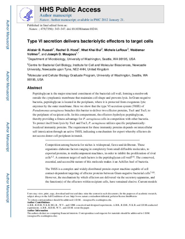 (PDF) Type VI secretion delivers bacteriolytic effectors to target ...