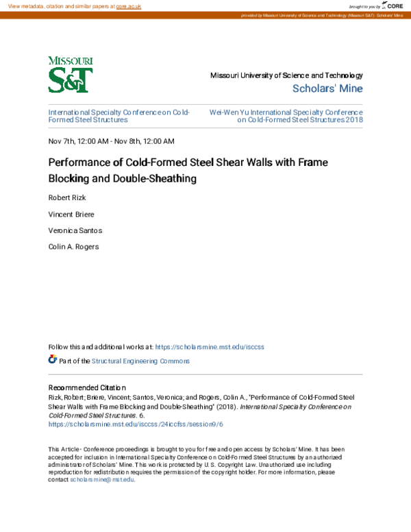(PDF) Performance of Cold-Formed Steel Shear Walls with Frame Blocking ...