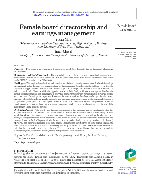 (PDF) Female board directorship and earnings management