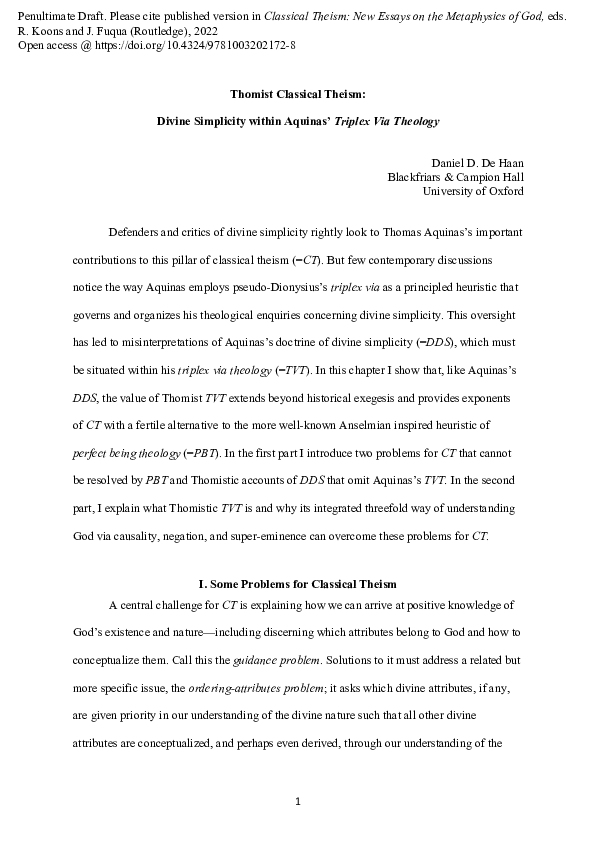 (PDF) Thomist Classical Theism: Divine Simplicity within Aquinas ...