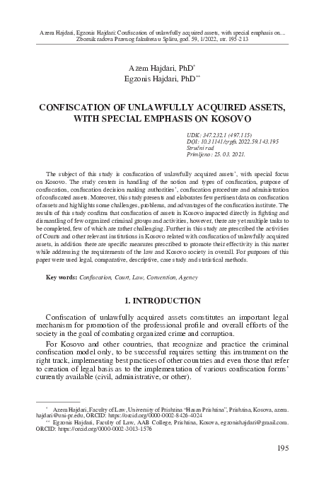(PDF) Confiscation of unlawfully acquired assets, with special emphasis ...