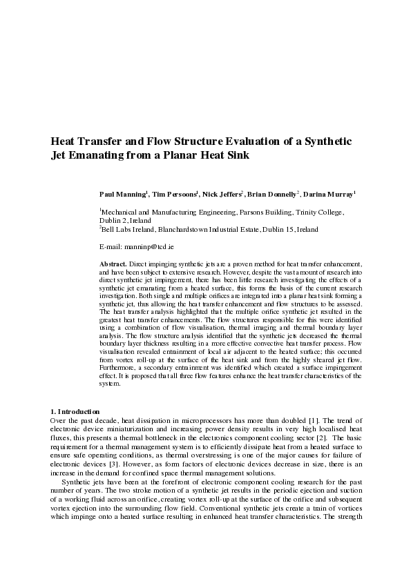 (PDF) Heat Transfer and Flow Structure Evaluation of a Synthetic Jet ...