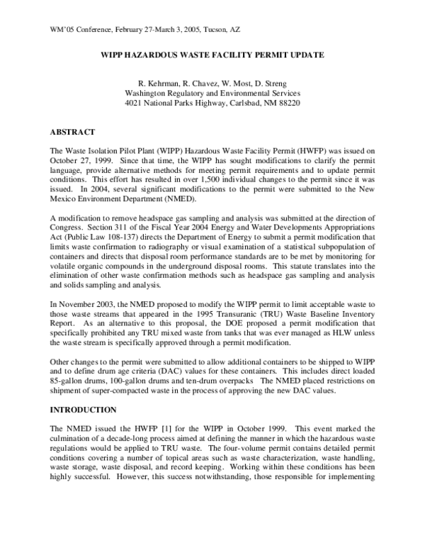(PDF) Wipp Hazardous Waste Facility Permit Update Robert Kehrman