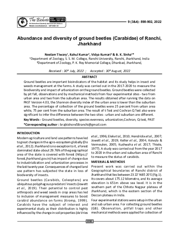 (PDF) Abundance and diversity of ground beetles (Carabidae) of Ranchi ...