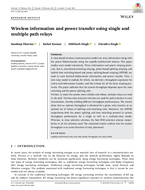 (PDF) Wireless information and power transfer using energy harvesting ...