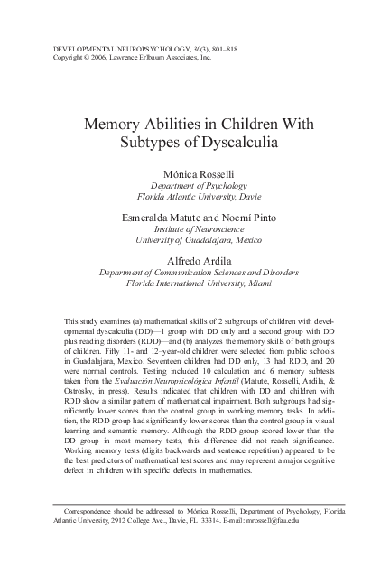 (PDF) Memory Abilities in Children With Subtypes of Dyscalculia