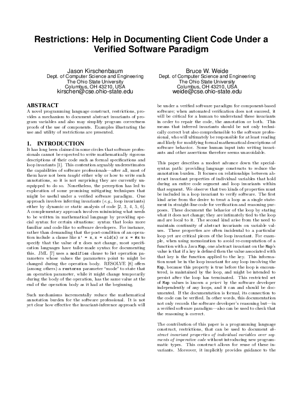 (PDF) Restrictions : Help in Documenting Client Code Under a Verified ...