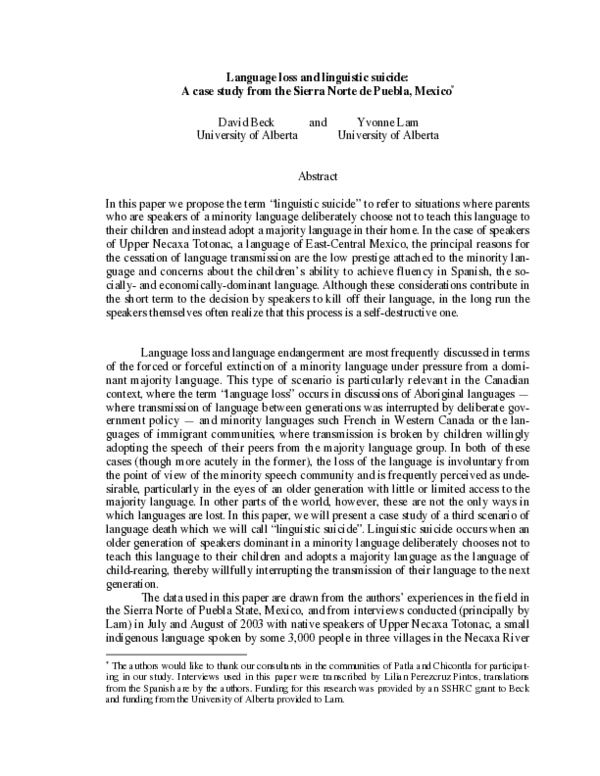 (PDF) Language loss and linguistic suicide: A case study from the ...
