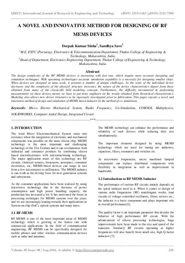 (PDF) A Novel and Innovative Method for Designing of RF Mems Devices