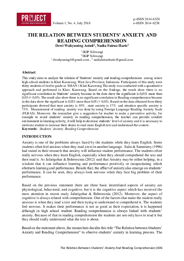 (PDF) The Relation Between Students’ Anxiety and Reading Comprehension