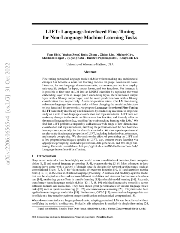 (PDF) LIFT: Language-Interfaced Fine-Tuning for Non-Language Machine ...