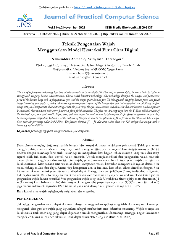 (PDF) Teknik Pengenalan Wajah Menggunakan Model Ekstraksi Fitur Citra