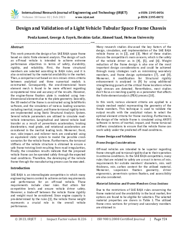 (PDF) Design and Validation of a Light Vehicle Tubular Space Frame Chassis