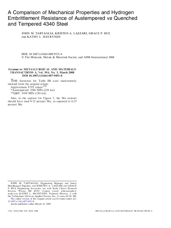 (PDF) A Comparison of Mechanical Properties and Hydrogen Embrittlement ...