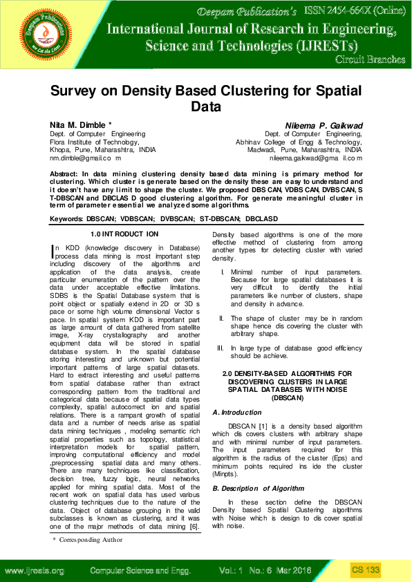 (PDF) Survey on Density Based Clustering for Spatial Data