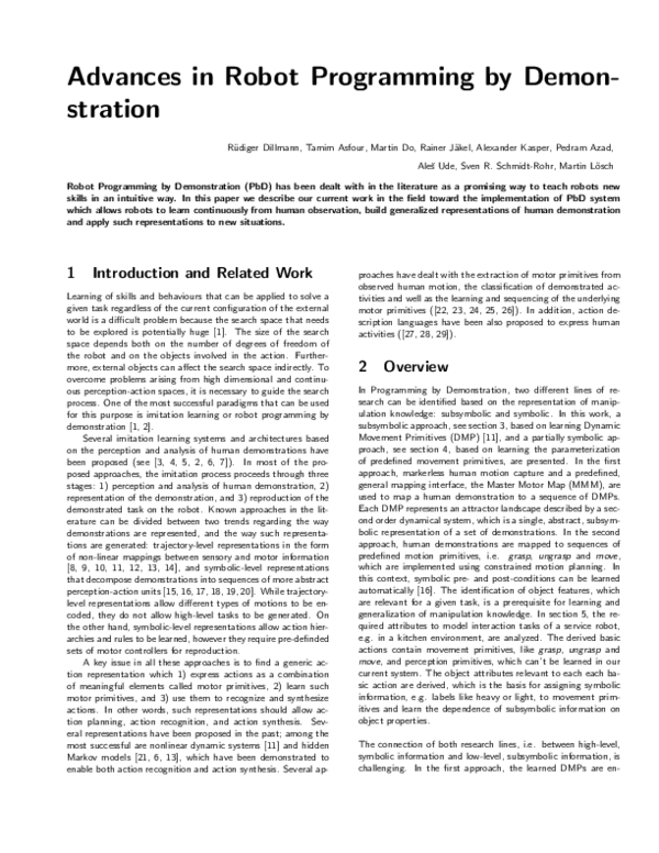(PDF) Advances in Robot Programming by Demonstration | Tamim Asfour ...