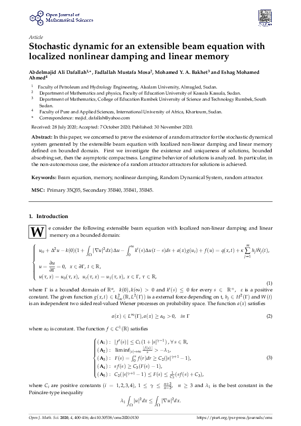 (PDF) Stochastic dynamic for an extensible beam equation with localized ...
