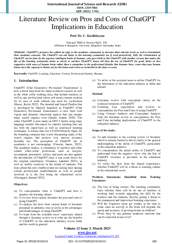 (PDF) SR23219122412 Literature Review on Pros and Cons of ChatGPT DR