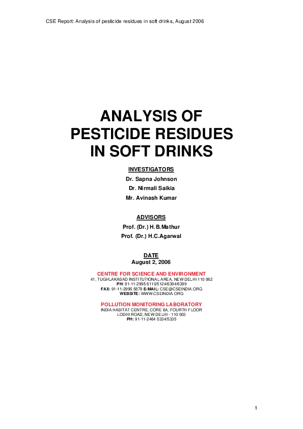 (PDF) Analysis of Pesticide Residues In Soft Drinks avinash kumar