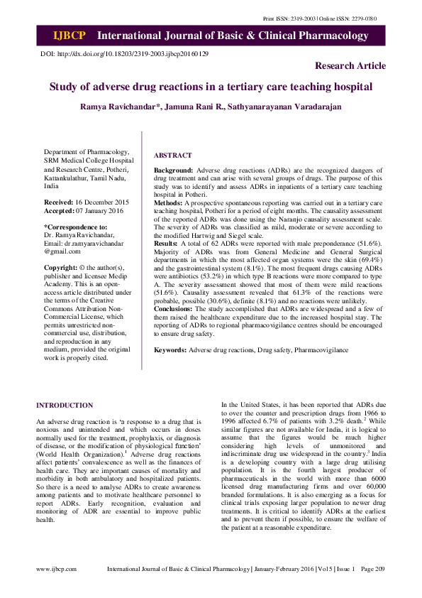 (PDF) Study of adverse drug reactions in a tertiary care teaching hospital