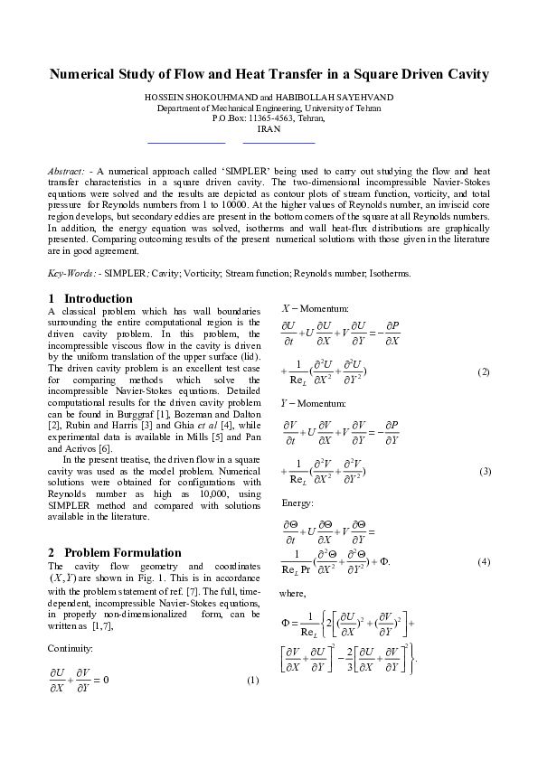 (PDF) Numerical study of flow and heat transfer in a square driven cavity