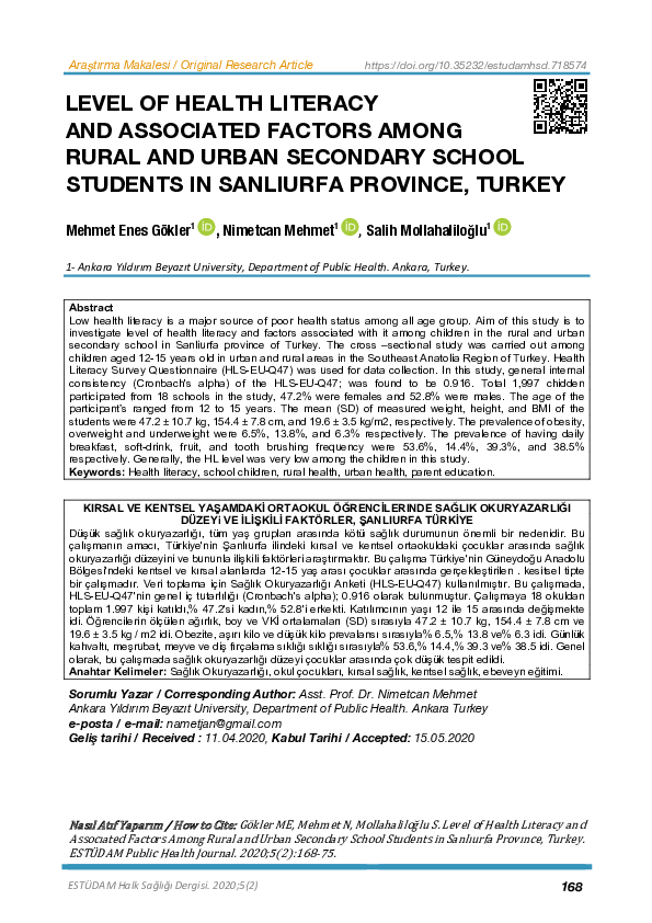 (PDF) LEVEL OF HEALTH LITERACY AND ASSOCIATED FACTORS AMONG RURAL AND ...