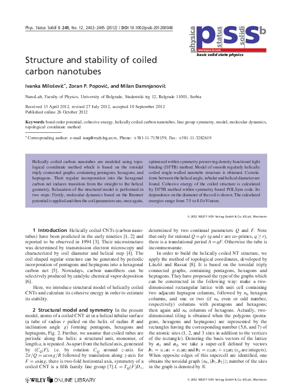 (PDF) Structure and stability of coiled carbon nanotubes