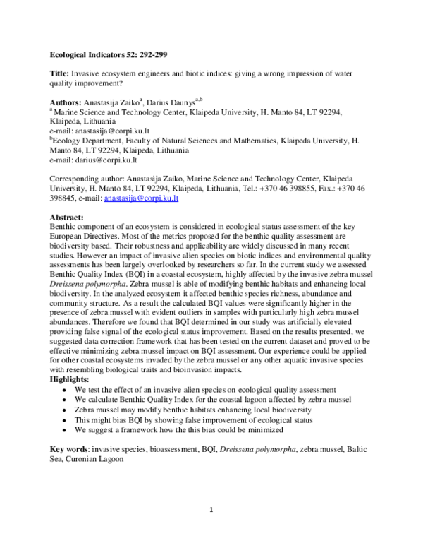(PDF) Invasive ecosystem engineers and biotic indices: Giving a wrong ...