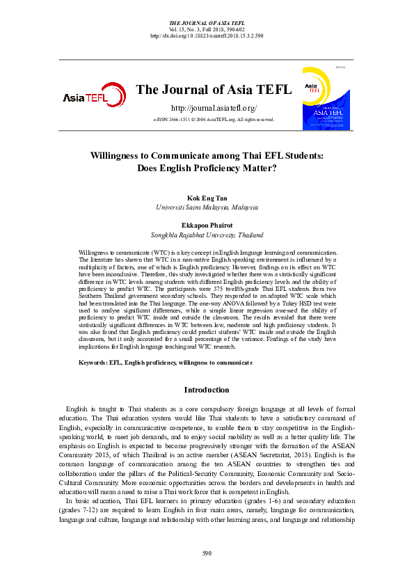(PDF) Willingness to Communicate among Thai EFL Students : Does English ...