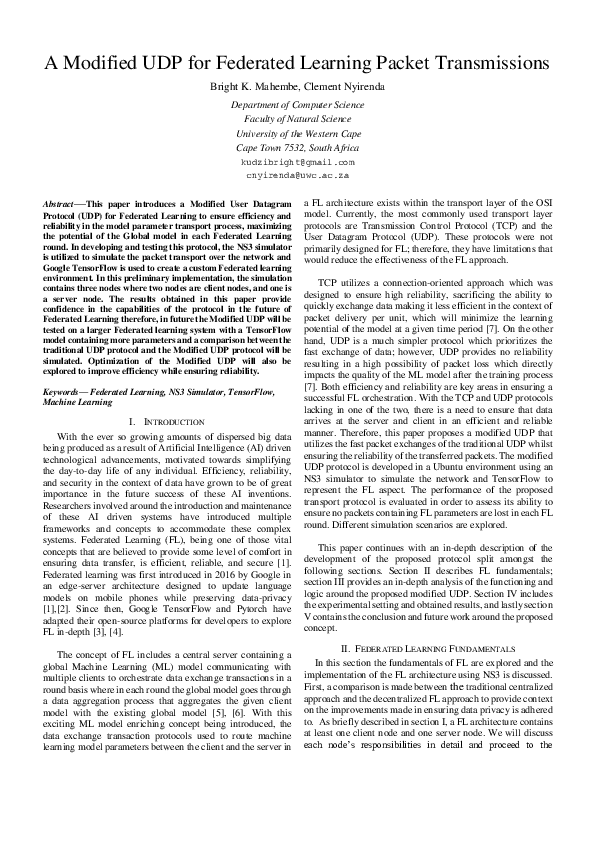 (PDF) A Modified UDP for Federated Learning Packet Transmissions