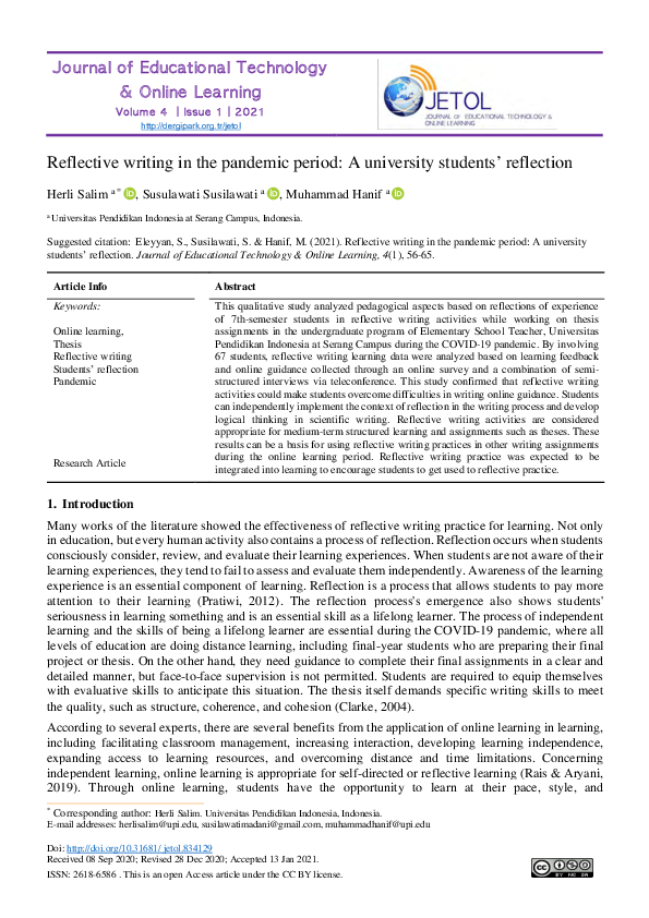 (PDF) Reflective writing in the pandemic period: A university students ...