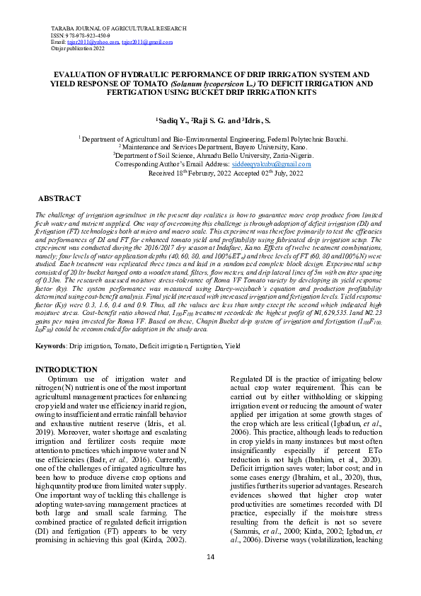 (PDF) EVALUATION OF HYDRAULIC PERFORMANCE OF DRIP IRRIGATION SYSTEM AND ...