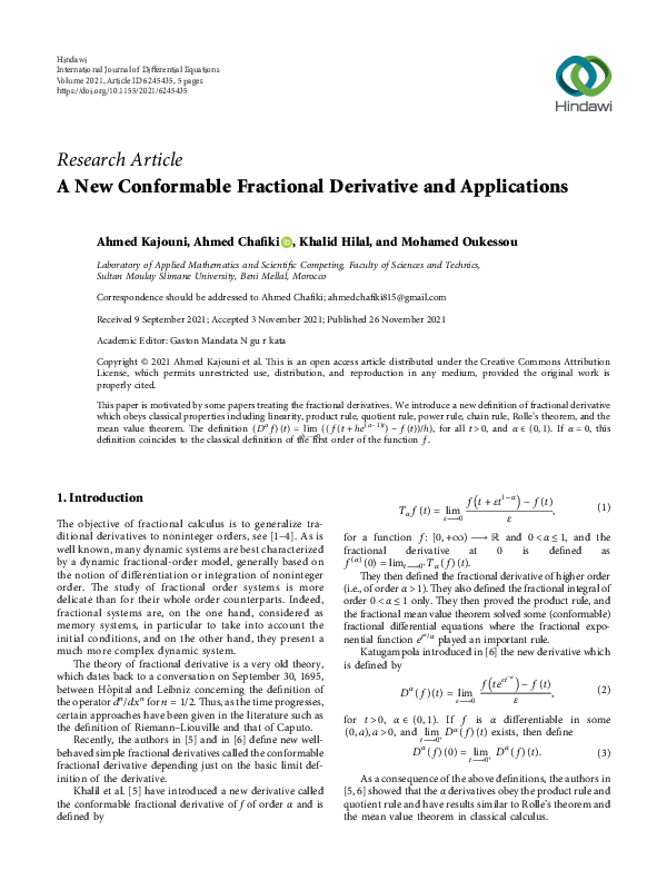 (PDF) A New Conformable Fractional Derivative and Applications