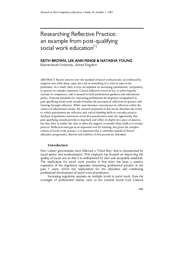 (PDF) Researching reflective practice an example from postqualifying