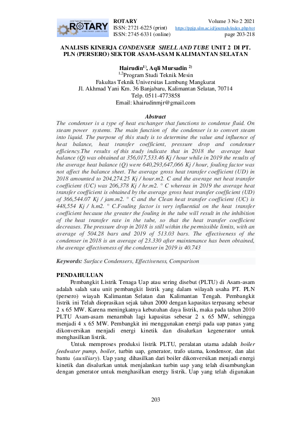 (PDF) Analisis Kinerja Condenser Shell and Tube Unit 2 DI Pt. PLN ...