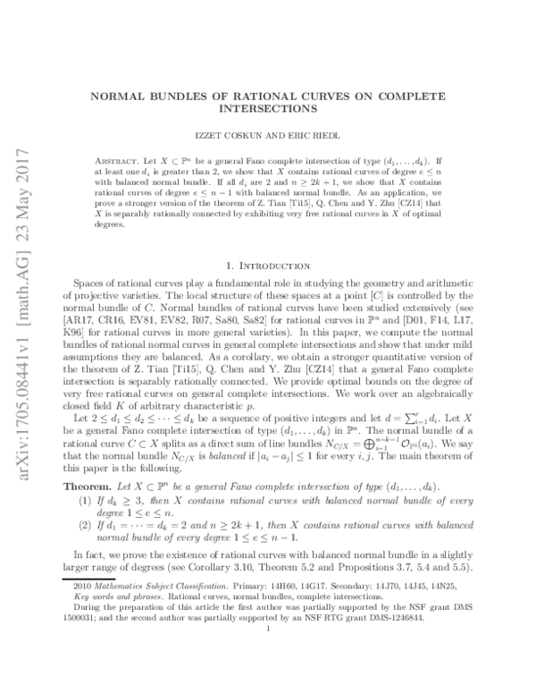 (PDF) Normal bundles of rational curves on complete intersections