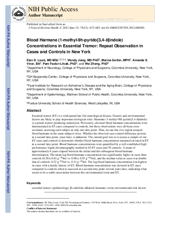 (PDF) Blood Harmane (1-Methyl-9H-pyrido[3,4-b]indole) Concentrations in ...