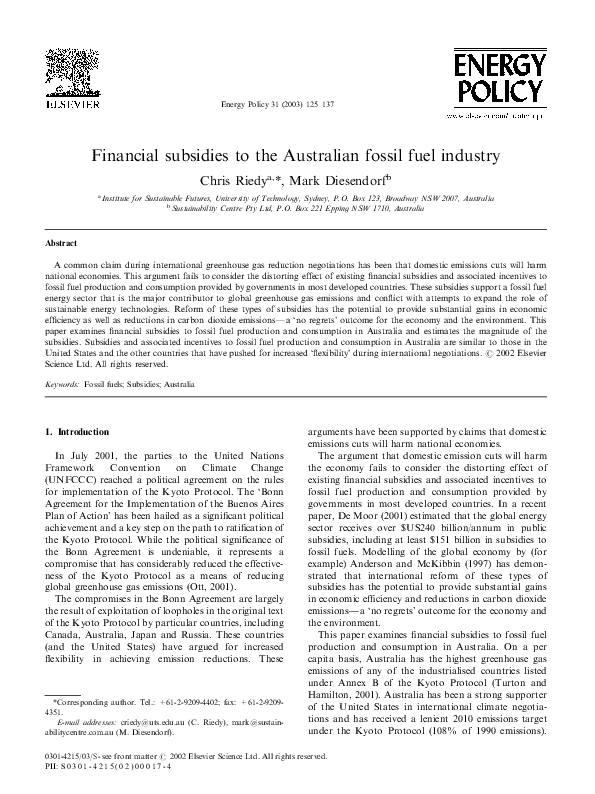(PDF) Financial subsidies to the Australian fossil fuel industry