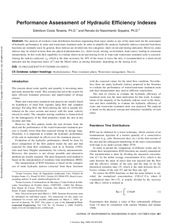 (PDF) Performance Assessment of Hydraulic Efficiency Indexes