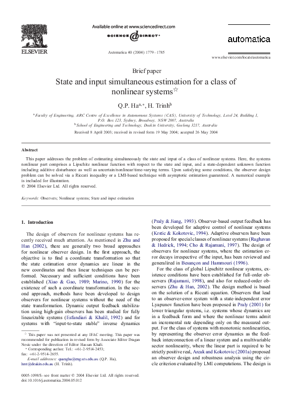 (PDF) State and input simultaneous estimation for a class of nonlinear ...