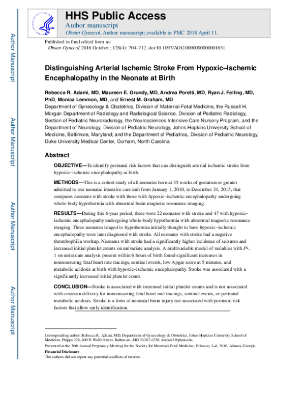 (PDF) Distinguishing Arterial Ischemic Stroke From Hypoxic–Ischemic ...